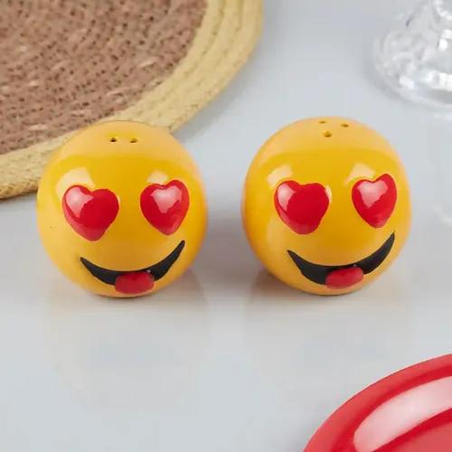 Kookee Ceramic Salt and Pepper Shakers Set for Dining Table used as Namak Dhani, Shaker, Sprinkler, Spices Dispenser for Home, Kitchen and Restaurant, Yellow, Smilie (10185)