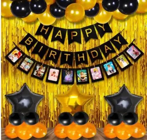 TrendzyKart Happy Birthday Decoration Combo Of Curtain And Metallic And Foil Balloons (Multicolor)