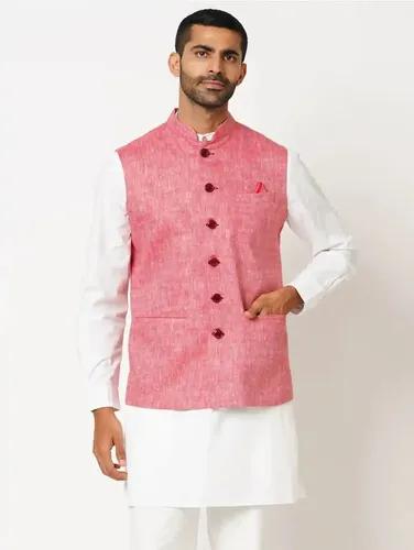 Indivisual Men's Two tone Yarn Dyed Scarlet Red Nehru Jacket - S(Red)