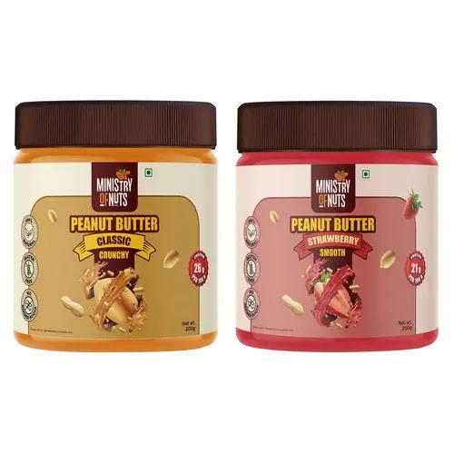 MINISTRY OF NUTS Classic Crunchy Peanut Butter 200G & Strawberry Peanut Butter 200G Total 400G - Pack Of 2