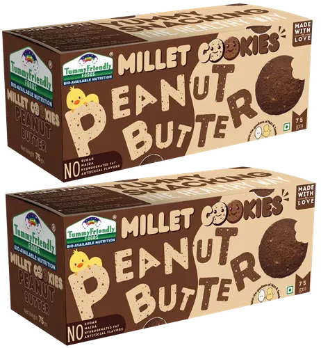 Tummy Friendly Foods Millet Cookies -  Peanut Butter - Pack Of 2 - 75G Each. Healthy Ragi Biscuits, Snacks For Baby, Kids & Adults