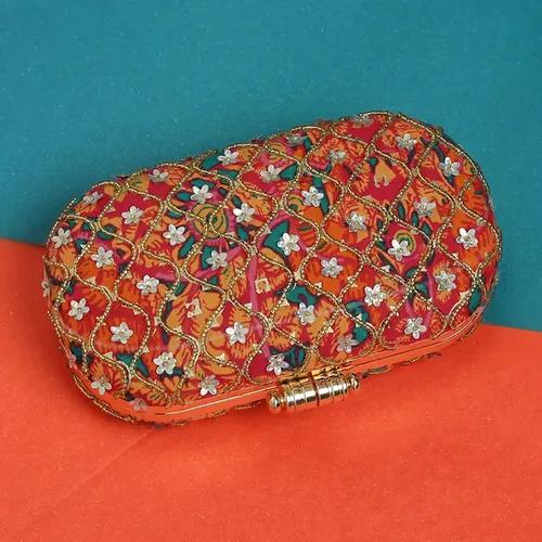 Embroidered Oval Clutch For Women - Orange