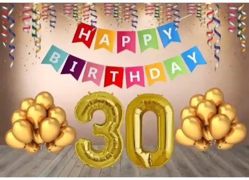 TrendzyKart 30th Happy Birthday Decoration Combo With Multi Color Banner (Golden)