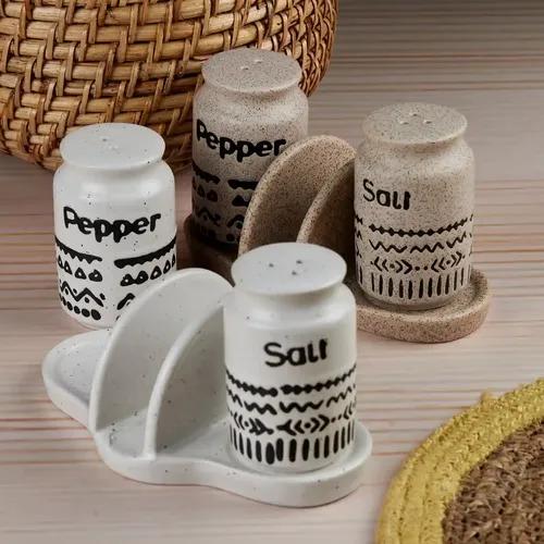 Kookee Ceramic Salt and Pepper Shakers Set with tray for Dining Table used as Namak Dhani, Shaker, Sprinkler, Spices Dispenser for Home, Kitchen and Restaurant, Set of 2 (10651)