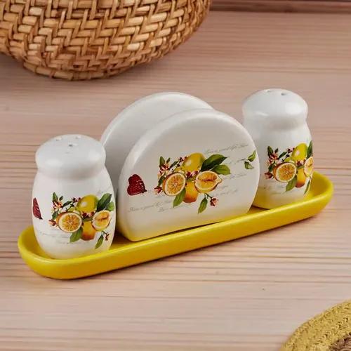 Kookee Ceramic Salt and Pepper Shakers Set with tray for Dining Table used as Namak Dhani, Shaker, Sprinkler, Spices Dispenser for Home, Kitchen and Restaurant, Yellow (10714)