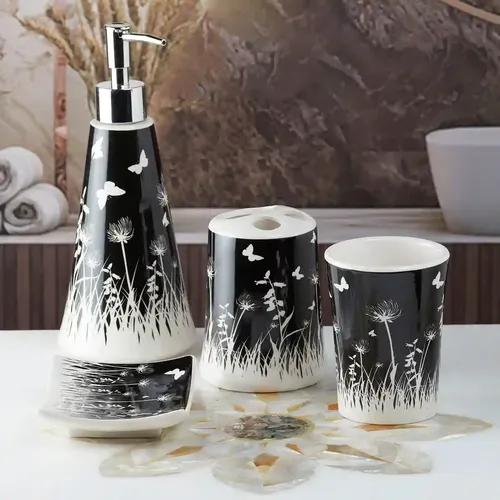 Kookee Ceramic Bathroom Accessories Set of 4, Modern Bath Set with Liquid handwash Soap Dispenser and Toothbrush holder, Luxury Gift Accessory for Home - Black (8169)