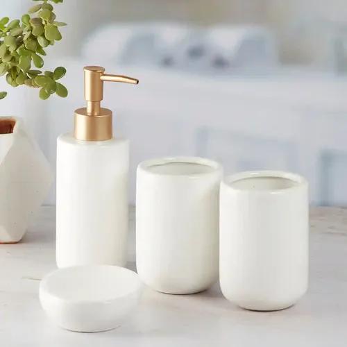 Kookee Ceramic Bathroom Accessories Set of 4, Modern Bath Set with Liquid handwash Soap Dispenser and Toothbrush holder, Luxury Gift Accessory for Home - White (10053)