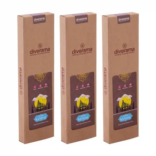 DivoRama Luxury Sandalwood Incense Sticks Agarbatti - 100% Indian Natural Aroma -  Long Lasting Chandan/Sukhad Agarbatti for Puja, Meditation, Happy Vibes - Pack of 3 (60 sticks/pack)-Pack of 3