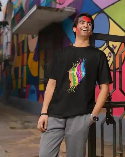 Celebrate with Style: Men's Colorful Happy Holi T-Shirt in Dynamic Splashes | 100% Premium Bio Wash Cotton T-Shirts - S  (Black)