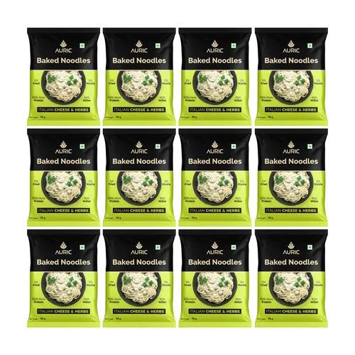 Auric Baked Instant Italian Cheese & Herbs Noodles 70g (Pack of 12) Baked, Not Fried | Zero Maida, Zero Oil & Zero MSG | Rich Vegetarian International Flavour| Easy To Make Millet Noodles With 50% More Protein