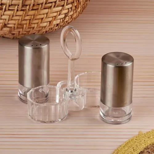 Kookee Acrylic Salt and Pepper Shakers Set with tray for Dining Table used as Namak Dhani, Shaker, Sprinkler, Spices Dispenser for Home, Kitchen and Restaurant, Transparent Silver (10703)