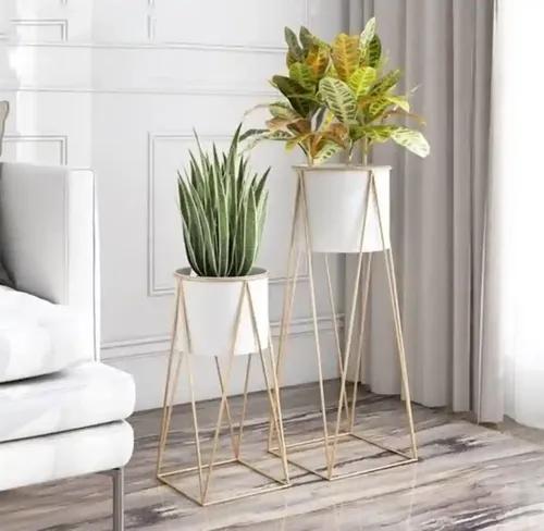 AMASS HANDICRAFTS Planters For Indoor - Outdoor Plants & Modern Metal Floor Tall Plant Stand For Garden, Balcony & Living Room & Mid Century Plant Stands With Pots Set Of 2 Flower Pots (White)