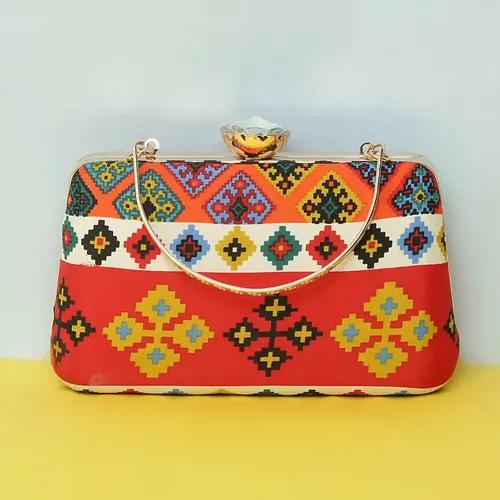 Big Box Evening Printed With Embroidery Clutch For Women - Multicolor