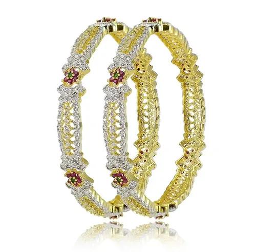 JEWELOPIA AD Bangles Elegant Cubic Zirconia Brilliant Cut Diamond Studded 18k Gold Plated 2 PC Round Solitaire Bangle Set for Women & Girls (Gold AD Bangle, 2-6)