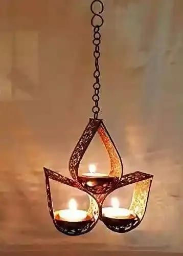 YELLOW Ribbon Teen Aala Tea Light Holder Chain Excluded; Antique Gold Color/Decorative Tea Light with Beautiful Cutwork Reflection/Decorative & Gifting/Made in India