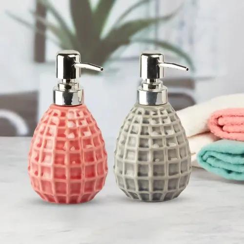 Kookee Ceramic Soap Dispenser for Bathroom hand wash, refillable pump bottle for Kitchen hand wash basin, Set of 2, Orange/Grey (10873)