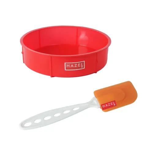 HAZEL Small Silicone Red Round Shape Cake Mould for Half Kg with Orange Spatula