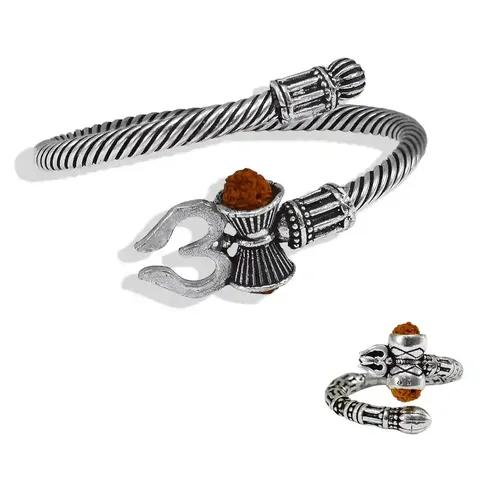 JEWELOPIA Adjustable Rudraksha Bahubali Ring Kada Bracelet Mahakal Ring Studded With Shiv Shankar Ring For Men Boys Girls (Ring & Kada Combo)