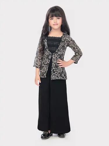 Betty Black Colored Georgette Fabric Stitched Palazzo Set along with Printed Jacket - 5-6 Yrs