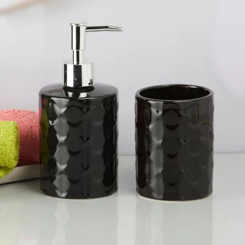 Kookee Ceramic Bathroom Accessories Set of 2, Modern Bath Set with Liquid handwash Soap Dispenser and Toothbrush holder, Luxury Gift Accessory for Home - Black (9721)