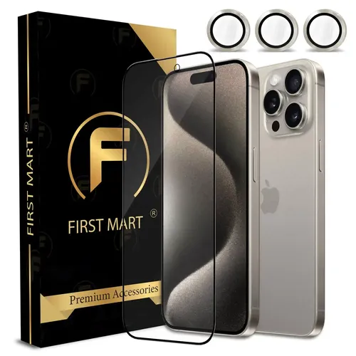 FIRST MART for iPhone 15 Pro Tempered Glass and 1 Set of Individual Natural Titanium Camera Rings Protectors, 2.5D Curved Edges, Full-Coverage Military-Grade Protection, Scratch Resistant