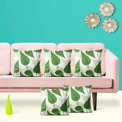 ArtzFolio Hand Drawn Green Leafs | Decorative Cushion Cover for Bedroom & Living Room | Velvet Fabric | 12 x 12 inch (30 x 30 cms); Set of 5 pcs