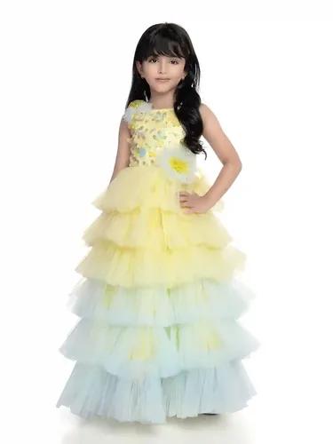 Betty Lemon Colored Net Fabric Stitched Gown - 5-6 Yrs