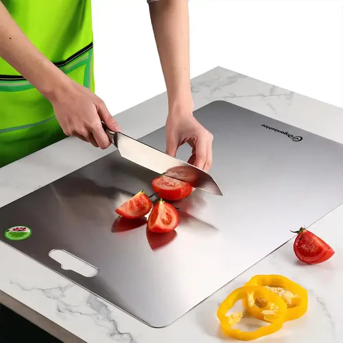 ORGANIZEMEE Extra Large Steel Chopping Board For Kitchen 45 X 31.2 Cm - Food-Grade, Stainless Steel, Cutting And Slicing Vegetable, Fruit Board With Anti-Skid Silicon Platform Countertop Pads
