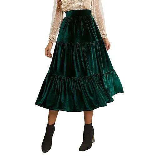 Emerald Green Velvet Ruffle Midi Skirt: Party Perfection - Xs