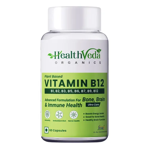 Health Veda Organics Plant Based Vitamin B-12 | 60 Veg Capsules | Boost Energy Level | Supports Healthy Nervous System & Brain Function | For Both Men & Women
