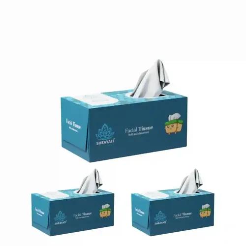 Shrayati Facial Tissue Box Soft Pack - 2 Ply, 200 Pulls Per Pack, Blue, Pack of 3, Skin-Friendly, Highly Absorbent, Multipurpose Face Tissues in Decorative Tissue Box