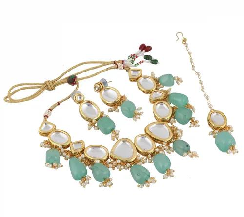 Gold Plated(18k ) Big Stone Kundan Choker Necklace Set For Women - Mint