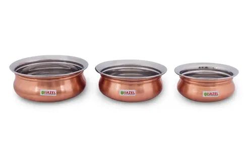 Hazel Stainless Steel Copper Mini Handis Set of 3 (400 ml, 550 ml, 770 ml), Silver & Copper