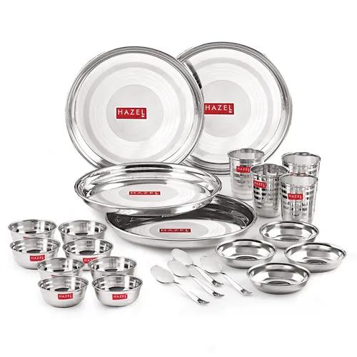 HAZEL Stainless Steel Dinner Set of 24 | Dinner Set Steel (4 Steel Plate, 8 Bowl, 4 Spoon Set, 4 Dessert Plate, 4 Steel Glass) 24 Pieces, Silver