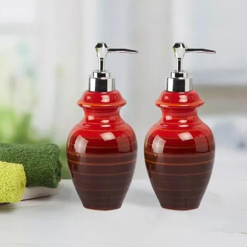 Kookee Ceramic Soap Dispenser for Bathroom hand wash, refillable pump bottle for Kitchen hand wash basin, Set of 2, Red (10941)