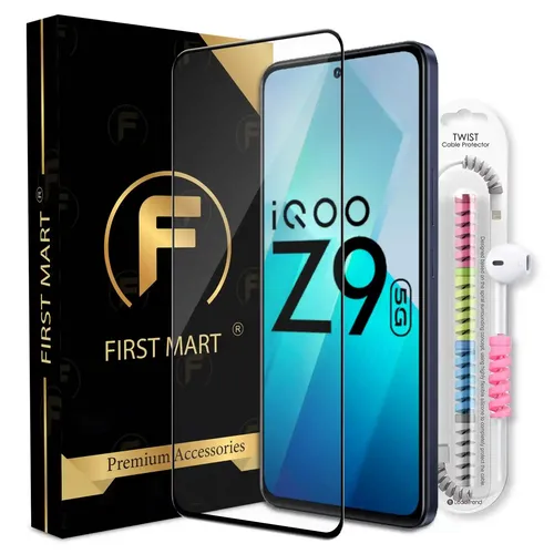 FIRST MART Premium Tempered Glass for iQOO Z9 5G / Neo 9 Pro 5G / iQOO 12 5G with Edge to Edge Coverage and Cable Protector and Easy Installation Kit, Pack of 1