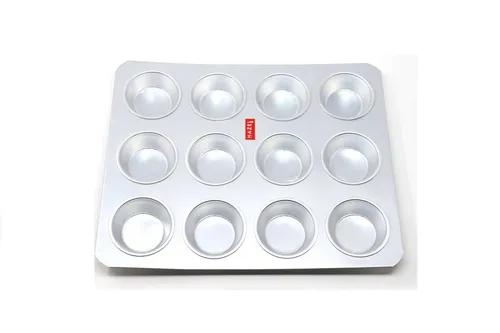 HAZEL Aluminium 12 Cavity Slots Muffin Cupcake Mould Tray for Baking in Microwave Oven Mold Bakeware for Bakery Home Kitchen, Silver