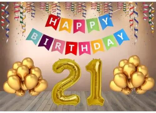 TrendzyKart 21st Happy Birthday Decoration Combo With Multi Color Banner (Golden)