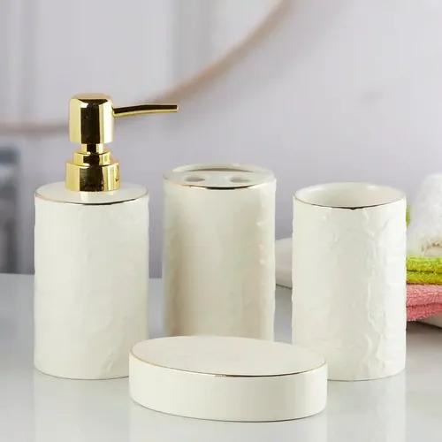 Kookee Ceramic Bathroom Accessories Set of 4, Modern Bath Set with Liquid handwash Soap Dispenser and Toothbrush holder, Luxury Gift Accessory for Home - White (10255)