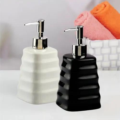 Kookee Ceramic Soap Dispenser for Bathroom hand wash, refillable pump bottle for Kitchen hand wash basin, Set of 2, Black/White (10553)