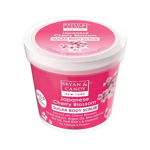 Bryan & Candy Cherry Blossom Sugar Body Scrub PH 5.5 For Tan Removal & Exfoliation|For Women & Men|Enriched with Macadamia and Argan oil|Removes Dirt & Dead Skin from Knees, Elbows & Ankles - 250g