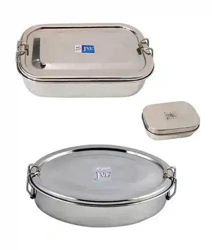 Jvl Stainless Steel Rectangular Single Layer Lunch Box With Small Container & Big Oval Lunch Box With Inner Plate Not Leak Proof Pack Of 2