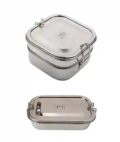 Jvl Stainless Steel Rectangular Single Layer Lunch Box With Inner Plate & Big Square Double Layer Lunch Box Not Leak Proof - Pack Of 2