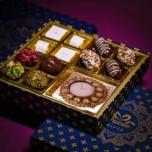 Oriole Gifts Premium Diwali Gift Hamper with 4 Chocolates & 4 Gourmet Balls 4 Chocolate Almond Dates & 1 Diya