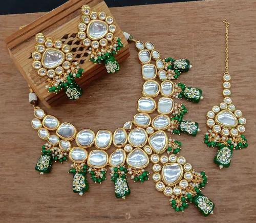 Green Jaipuri Handmade Drops With Heavy Polki Kundan Necklace Set - Green