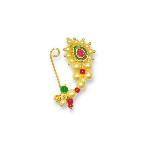 JEWELOPIA Maharashtrian Nath Clip-On Gold with ruby diamond Marathi Nathiya without piercing Nose Ring For Women and girls (Pearl 1)