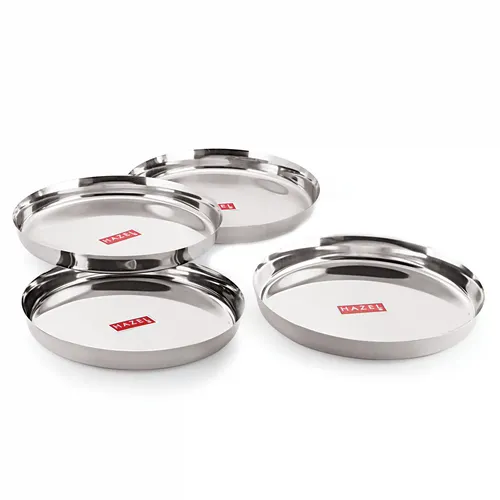 HAZEL Stainless Steel Plates Set | Premium Mirror Finish Thali Set Stainless Steel | Heavy Gauge Steel Plates Set for Dinner & Lunch Set of 4, 25.5 cm