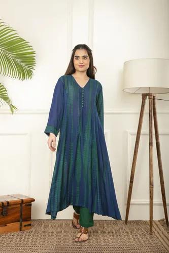Blue And Green Rope Tie And Dye Kurta Sets - X-Small
