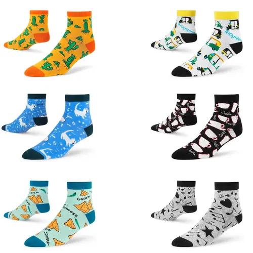 DYNAMOCKS Men's and Women's Combed Cotton Ankle Length Socks (Pack of 6) (Multicolour, Free Size)_Cactu_Ricksh_BluKitty_BlacCoff_Samos_Music