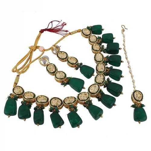 Gold Plated(18k) Meenakari Big Faux Kundan Dibbi Choker Necklace Set & Maang Tika - Green